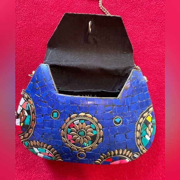 RAMLA Moriccan Handmade Mosaic Tile Handbag Blue with Gold - Picture 6 of 8